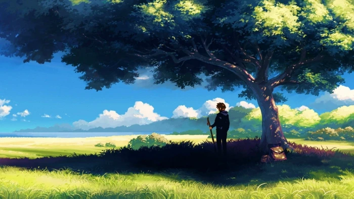 man standing under the tree digital wallpaper nature anime 2k