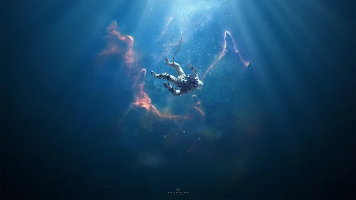 man underwater digital wallpaper person in suit 2k