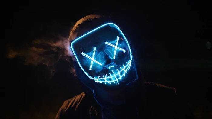 Man Wearing Black and Blue Mask Costume art black background 2k 4k