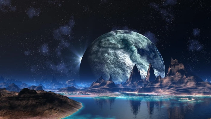 moon body of water and mountain space fantasy art artwork 2k