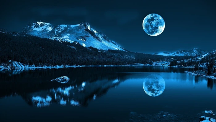 Moon lake mountains cold night nature scenery 2k