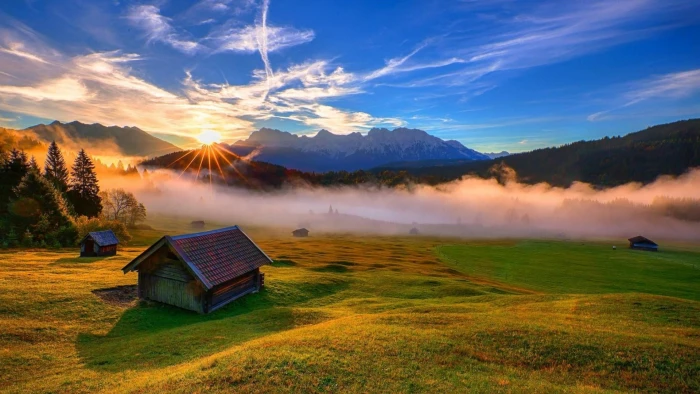 mount scenery cabin houses hut farm village mountain 2k