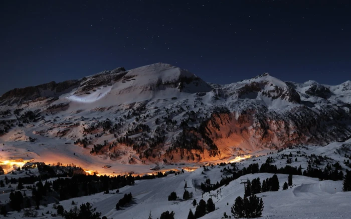 mountain covered by snow mountains long exposure night lights 2k
