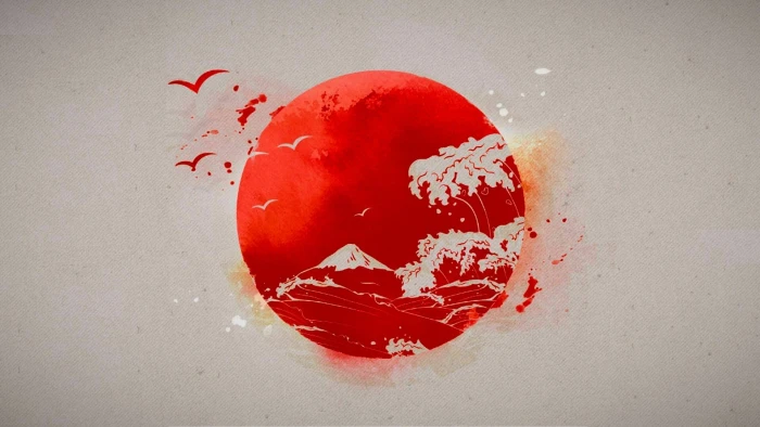 mountain trees and sea waves painting red white illustration 2k