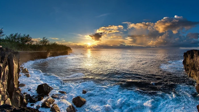 nature landscape beach sea coast clouds sun rays island