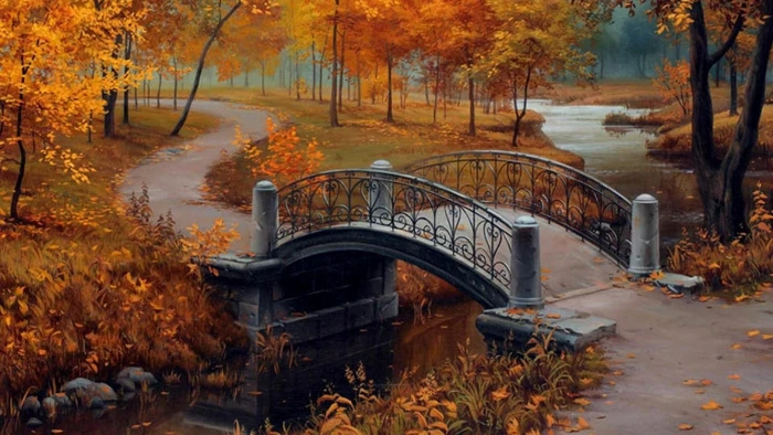 nature painting autumn leaf bridge tree creek landscape 2k
