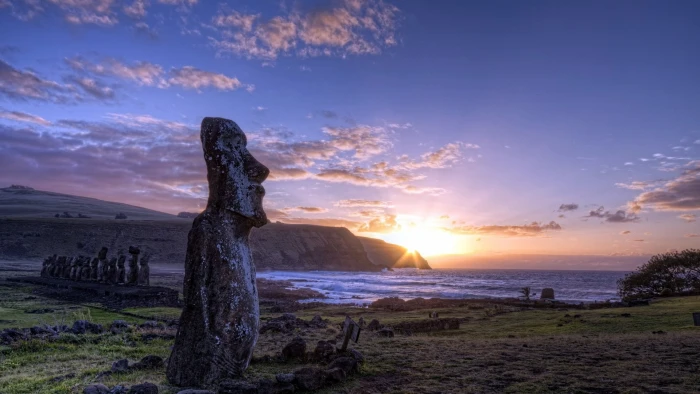 nature sunset landscape statue Moai Easter Island sky 2k