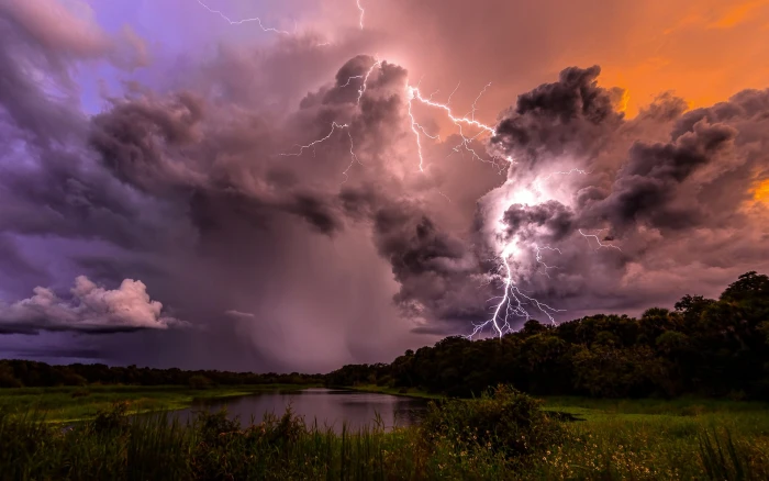 Nature thunder lightning clouds sky evening lake trees photo of dark and 2k