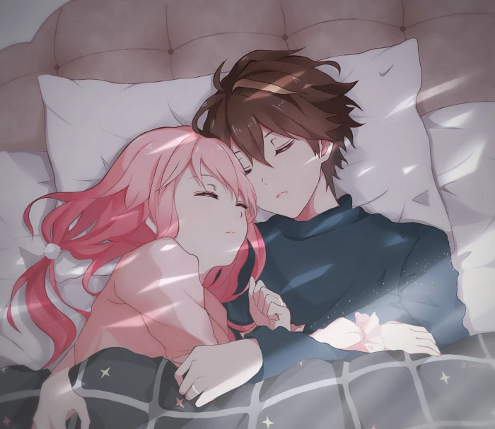 ouma shu yuzuriha inori sleeping couple cuilty crown pink hair 2k