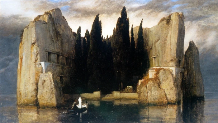painting of person on boat heading white rock formation fantasy art 2k