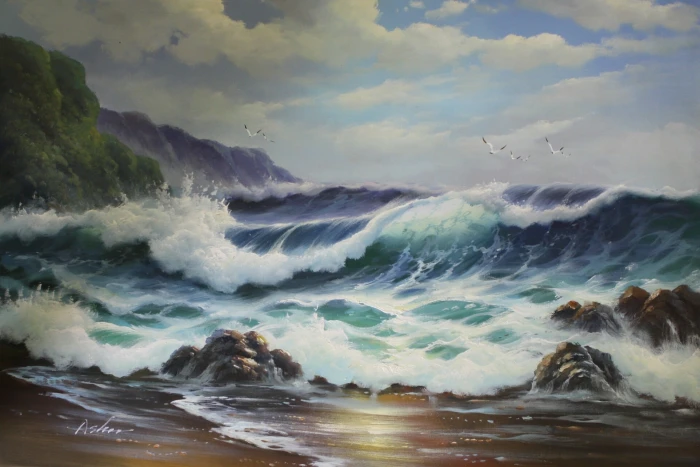 painting of sea waves hitting on seashore nature water coast 2k