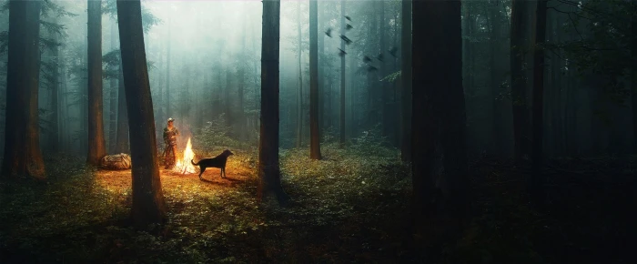 person in forest digital wallpaper art artwork landscape 2k