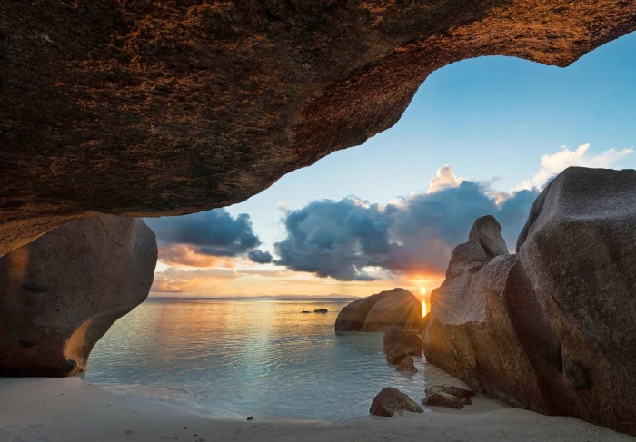 photography landscape nature cave beach sea rocks sunset 2k