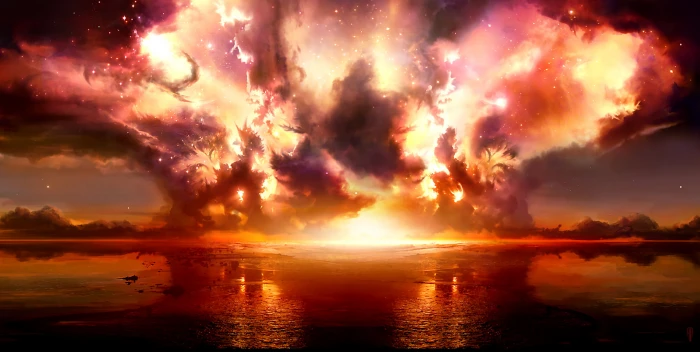 pink and gray clouds Sci Fi Landscape Stars sunset sea nature 2k