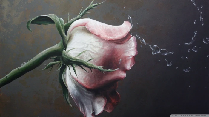 pink rose flower illustration nature flowers artwork water drops 2k