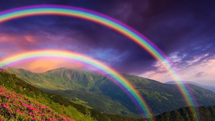 rainbow double nature sky purple landscape 2k