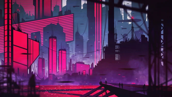 red and black illustration city buildings artwork 2k