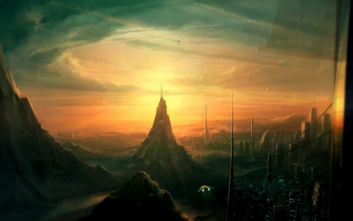 rock formation and high rise building digital wallpaper artwork 2k
