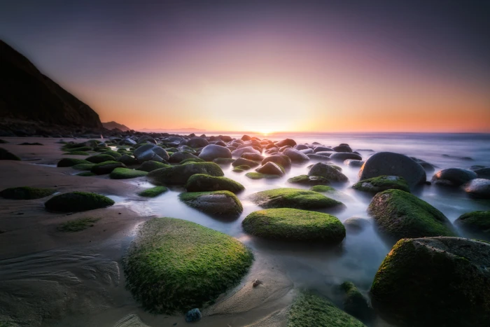 rocky beach sunset themed photo golden hour landscape sunrise 2k