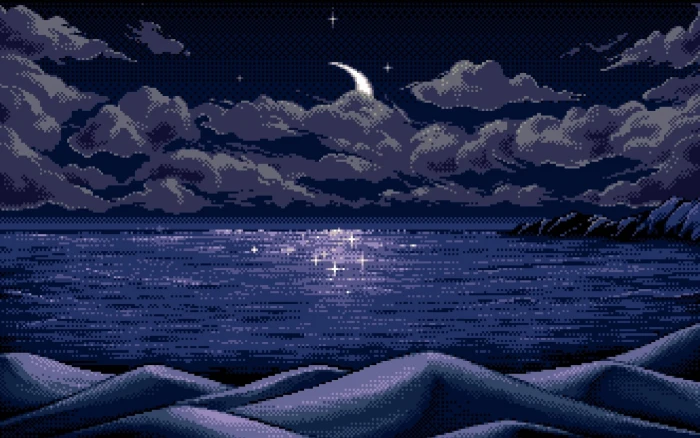 sea wallpaper digital art pixel pixels Moon horizon 2k