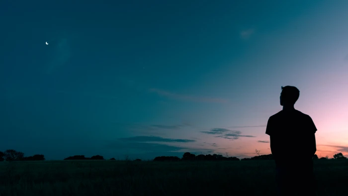 silhouette of man looking star during sunset photography standing and starring moon 2k 4k