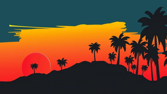 sky orange silhouette palms sunset tree minimal illustration 2k 4k