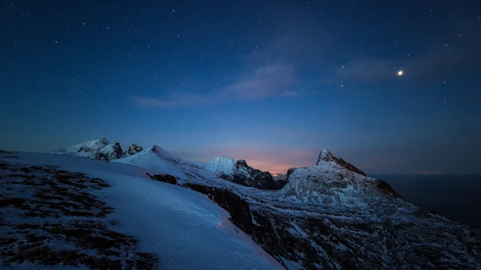 snow covered mountain landscape mountains nature stars sky 2k