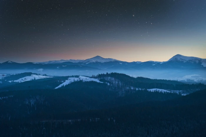 snow covered mountains forest sky landscape nature stars 2k
