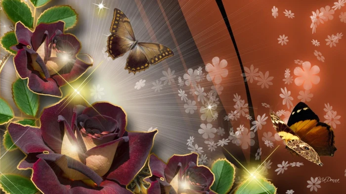 Sophisticated Reses red and green rose brown butterfly picture 2k
