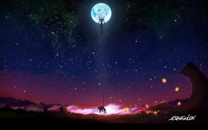 stars and sky artwork anime Neon Genesis Evangelion night 2k