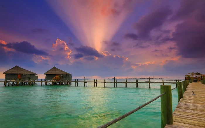 Sunset painting nature landscape sun rays beach clouds resort 2k