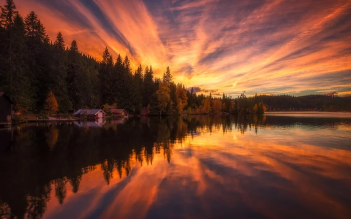 Sunset scenery river houses trees water reflection 2k