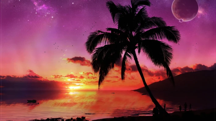 sunset beach digital art space sky palm trees clouds 2k