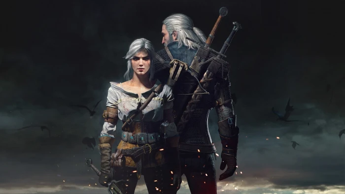 The Witcher wallpaper animated illustration of couple with swords 2k