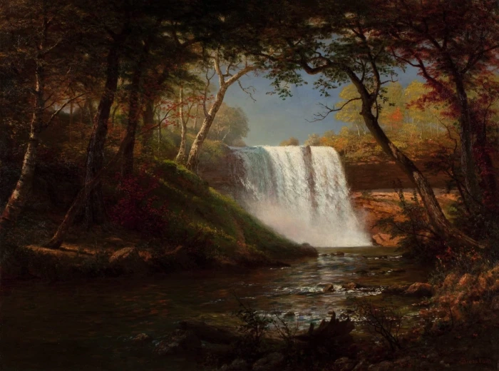trees near waterfall during daytime albert bierstadt art painting 2k
