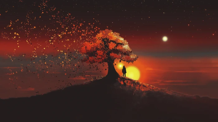 trees nature artwork digital art landscape sky stars 2k