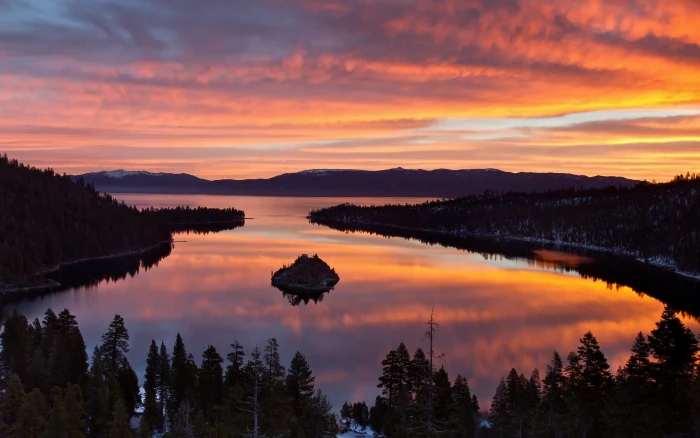 USA California Lake Tahoe morning scenery trees sunrise 2k