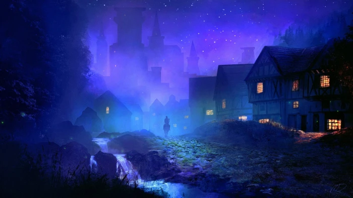 village during night wallpaper man riding horse silhouette artwork 2k
