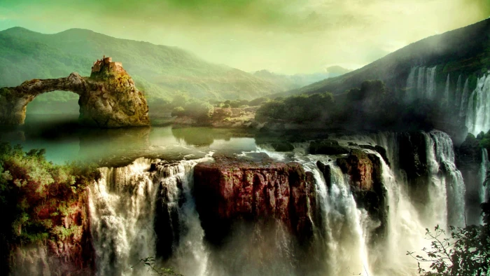 waterfalls painting fantasy art landscape nature scenics 2k