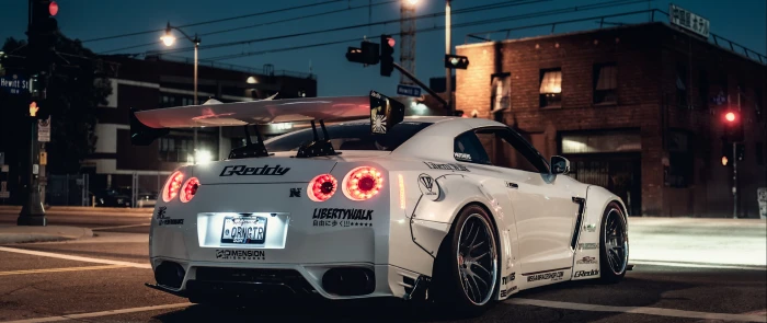 white sports car ultra wide Nissan Skyline GT R mode of transportation 2k