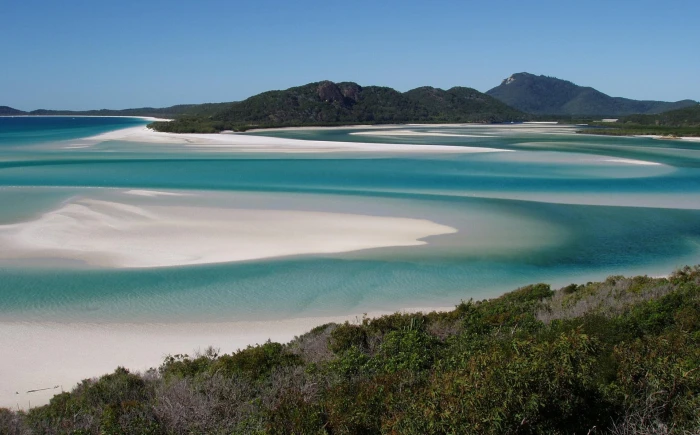 Whitehaven Beach forest island hills mountains landscapes 2k