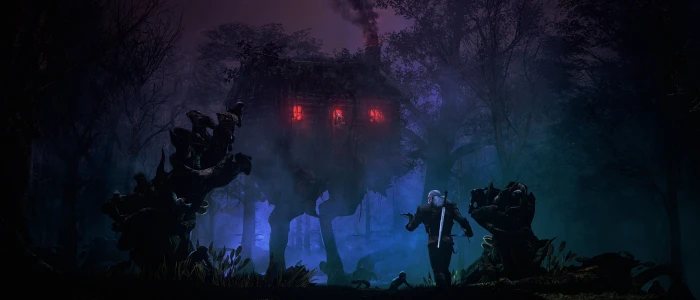 Witcher game wallpaper forest trees night house tale geralt 2k