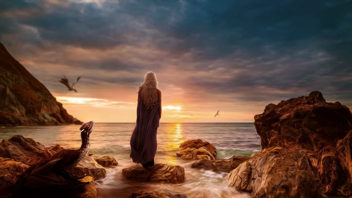 woman standing on rock formation wallpaper Game of Thrones Daenerys Targaryen 2k