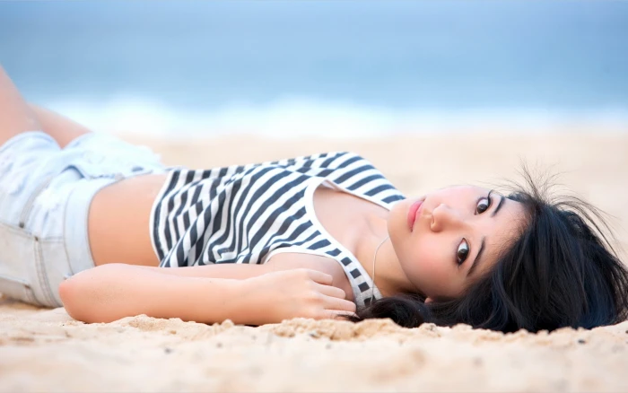women Asian beach brunette lying down one person young adult 2k
