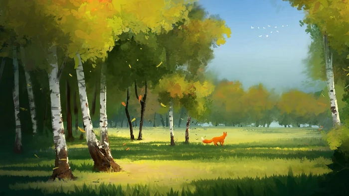 fox nature painting tree meadow autumn art landscape 2k