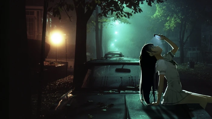 girl sitting on car hood anime girls phone night Kantoku 2k