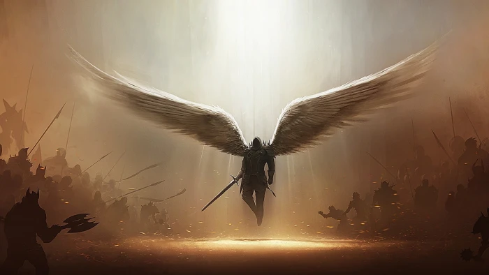 Guardian Angel holding sword wallpaper man with wings 2k