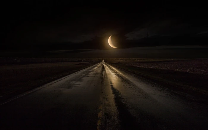 half moon nature landscape rain highway road Iowa midnight 2k