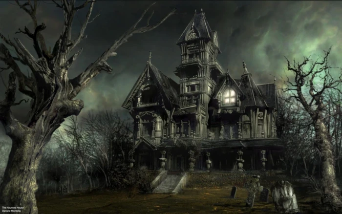 haunted house digital wallpaper Halloween spooky tree architecture 2k