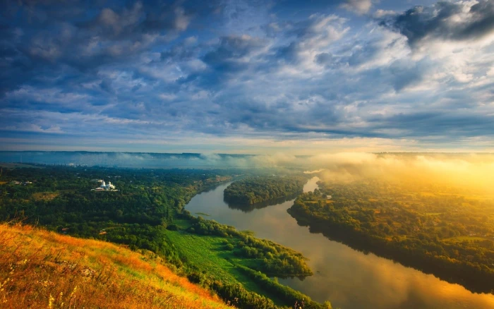 green leafed trees nature landscape mist clouds river forest 2k